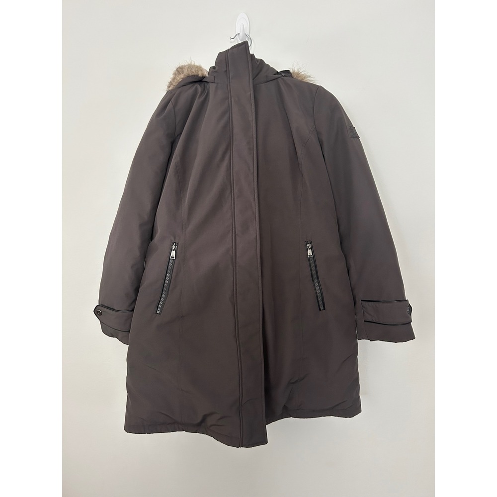 Lauren Ralph Lauren Down Hooded Parka Faux Fur Trim Coat Brown Grey Large 46369T